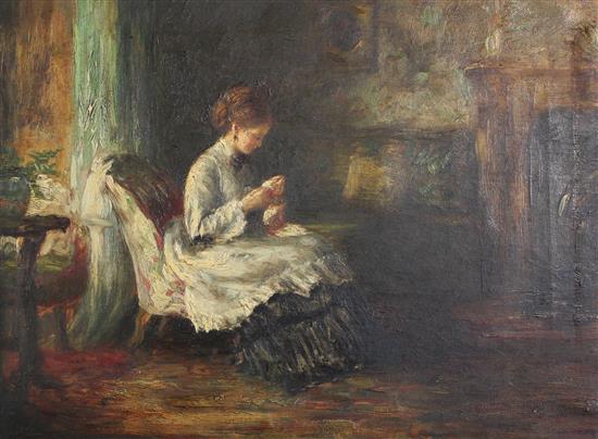 Victorian School Interior with lady sewing, 10 x 13.5in.